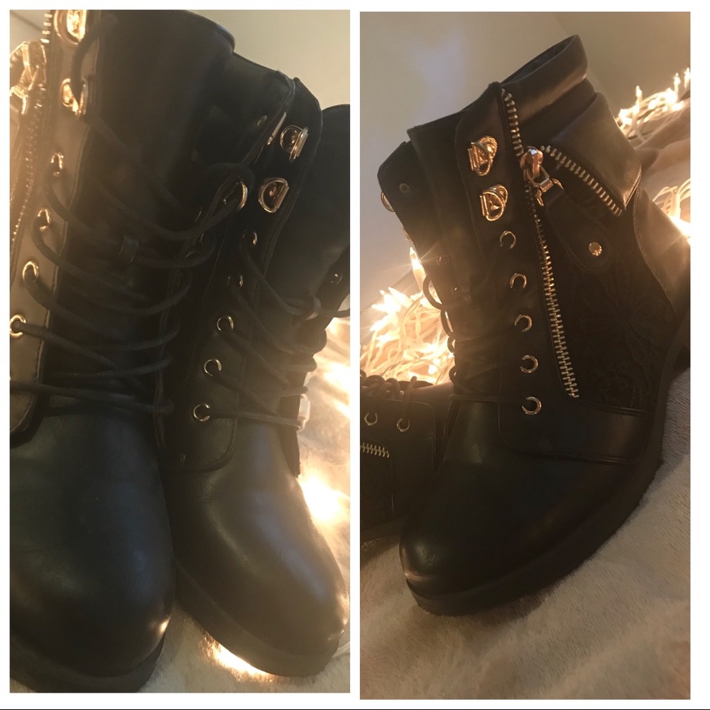 Black combat boots. Gold detailing
